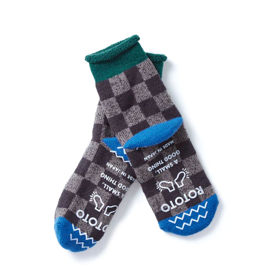 Rototo Pile Room Socks Checkerboard Dark Green / Blue - The Sporting Lodge