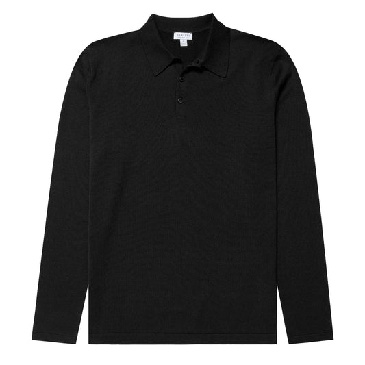 Sunspel Sea Island L/S Polo Knitwear Black - The Sporting Lodge