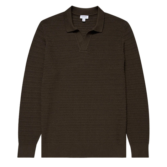 Sunspel Textured Cotton L/S Polo Knitwear Khaki - The Sporting Lodge